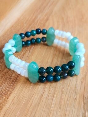 Green Aventurine & Indian Agate, Angelite Soft Bangle Bracelet, Handcrafted